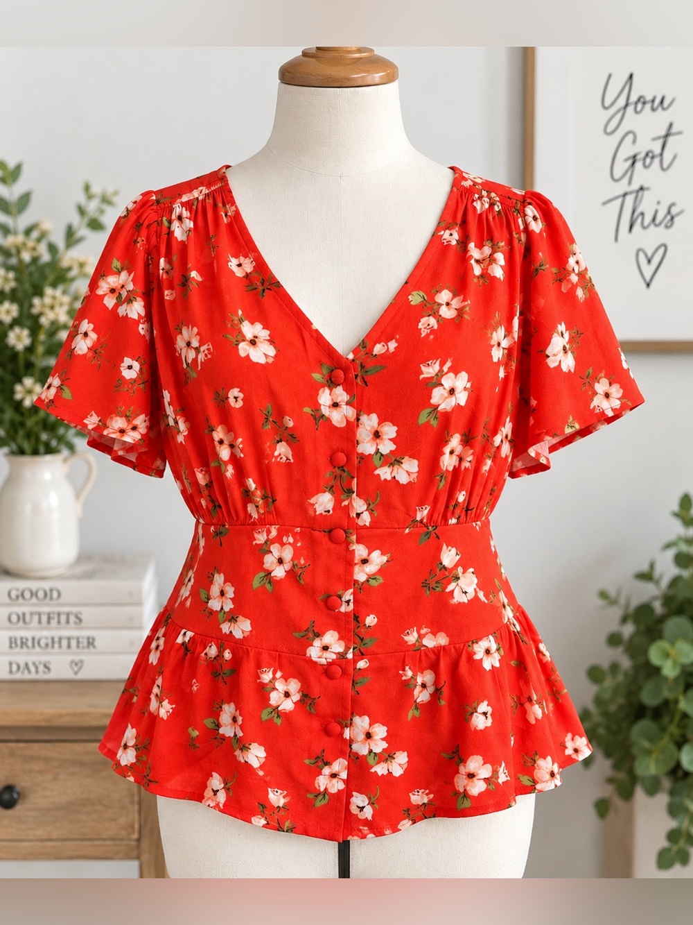 🌺 Old Navy Red Floral Peplum Blouse – Size Large